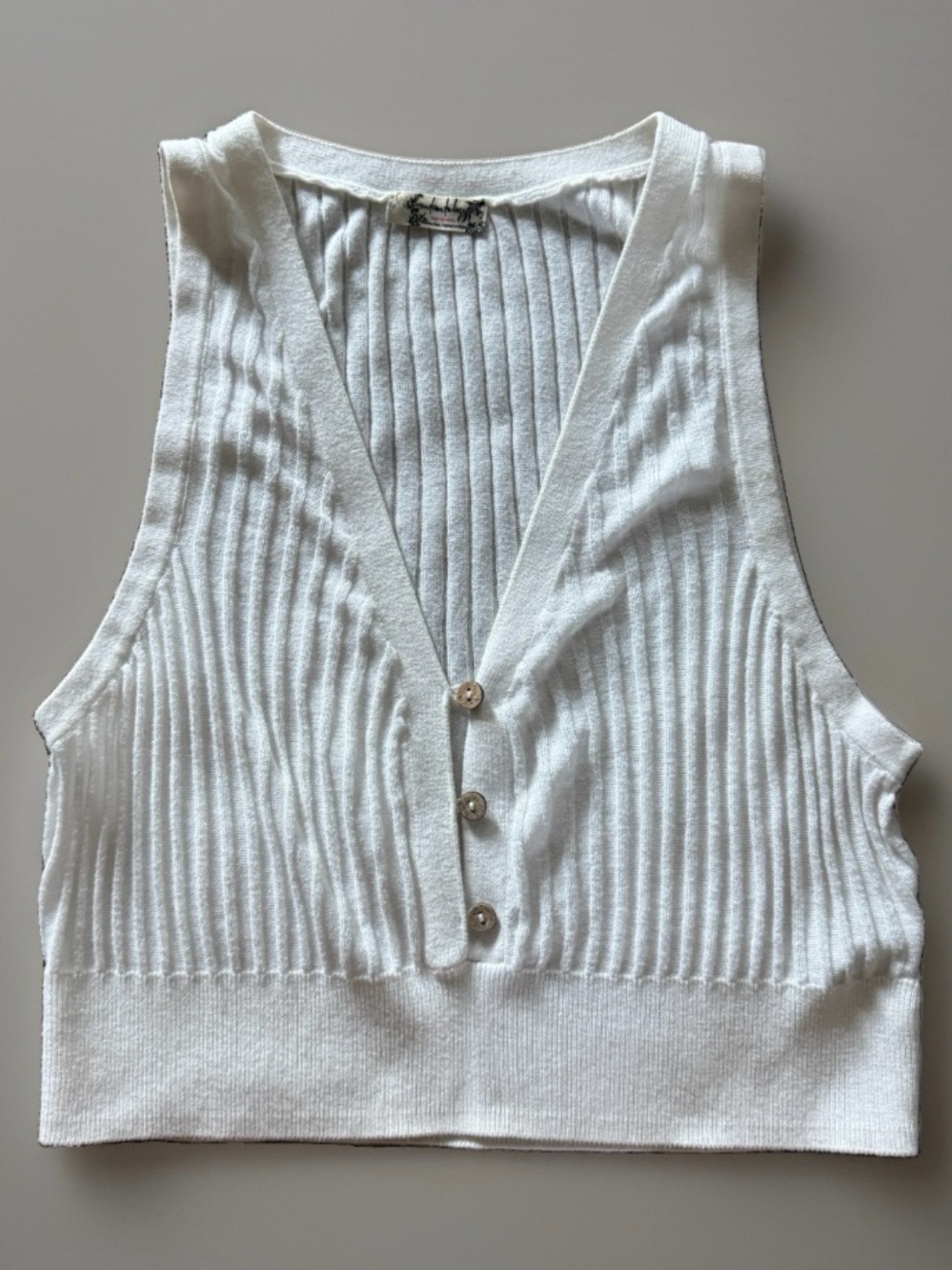 Free People Saturday Morning Crop S White Ribbed Button Front V Neck Tank - Picture 7 of 9